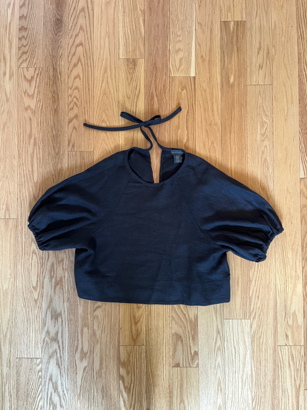 Black Linen Puff-Sleeve Crop Top XS